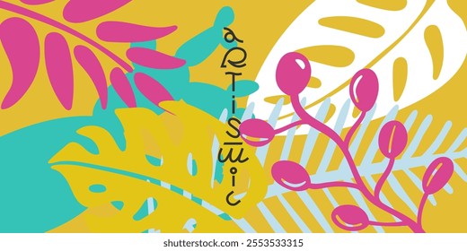 Vibrant tropical leaves, minimalist style. Bold design features trendy hues and innovative typography, creating modern, nature inspired banner full elegance and energy