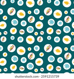 Vibrant Tropical Parrots and Blue Palm Leaves Seamless Pattern on Dark Teal