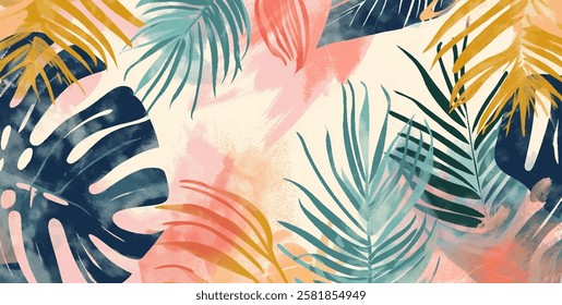 Vibrant tropical pattern of artistic arrangement of lush greenery and colorful leaves watercolor background. Creative palette of shades of pink, teal, mustard and navy warm tropical vibe background