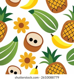 Vibrant Tropical Pattern Featuring Lively Fruits, Flowers, and Fun Accents