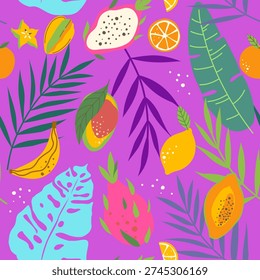 Vibrant tropical pattern on purple background with dragon fruit, large scale