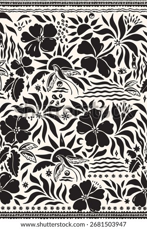 A vibrant, tropical seamless pattern in a bold, black and white linocut style. This intricate folk art design is filled with hibiscus flowers, suns, birds, and mystical ocean motifs