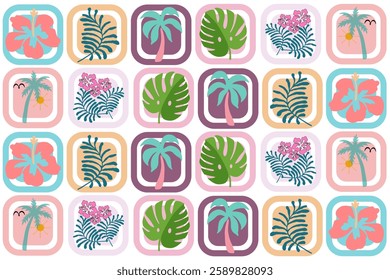 A vibrant tropical seamless pattern featuring palm trees, hibiscus flowers, and lush leaves in a modern, colorful design. This playful and exotic pattern is perfect for summer-themed projects,