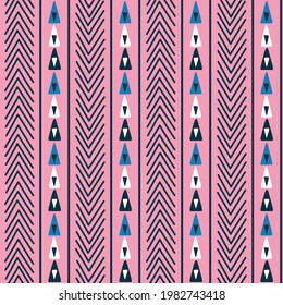 Vibrant tropical summer hawaiian tribal hand drawn seamless pattern with blue and white triangles on pink background. Great for packaging, scrapbooking, textile.
