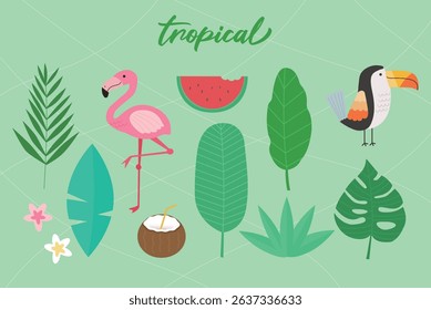 Vibrant Tropical Summer Paradise summer, flamingo, toucan, watermelon, coconut, tropical fruit, tropical plants, palm leaf, vacation, nature, tropical leaves