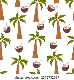 Vibrant tropical summer pattern featuring palm trees and coconut drinks with flowers vector illustration