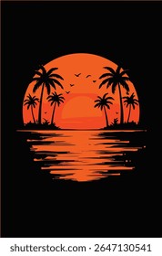 Vibrante Ilustração Tropical do Pôr do Sol com Camiseta Palm Trees