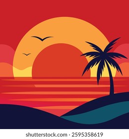 Vibrant Tropical Sunset with Palm Tree and Birds – Minimalist Retro Design