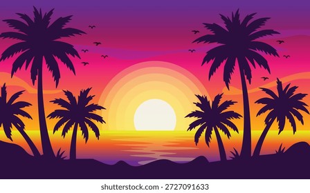 Pôr do sol tropical vibrante com silhuetas da palmeira sobre o projeto da bandeira do verão do oceano