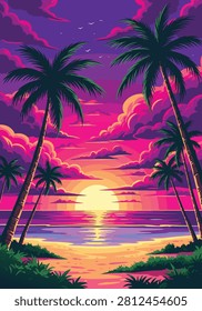 Vibrant tropical sunset with palm trees silhouetted against a colorful sky and calm ocean waters.