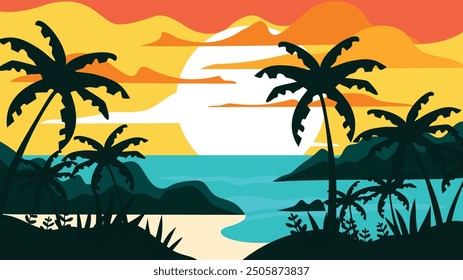 A vibrant tropical sunset scene with silhouetted palm trees, a beach, and mountains against a colorful sky, capturing the serene beauty of a coastal paradise.

