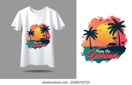 Design vibrante de camisetas tropicais com palmeiras, uma cabana à beira-mar e pássaros voadores contra um céu colorido. Perfeito para o verão, férias na praia e desgaste casual. "Aproveite o Verão."