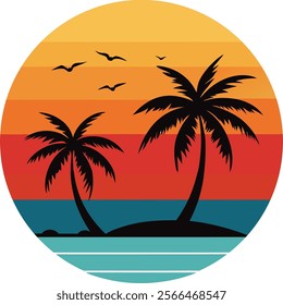 A vibrant tropical sunset vector illustration featuring palm trees and flying birds. Ideal for posters, t-shirts, and design projects