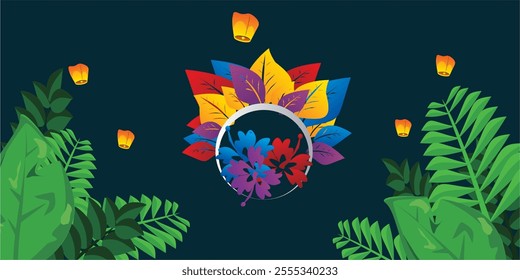 A vibrant tropical vector featuring green leaves, a colorful Floral circle, and glowing lanterns against a dark night sky, Perfect for natural and creative designs.