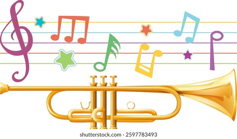 Vibrant trumpet with colorful musical notes and symbols
