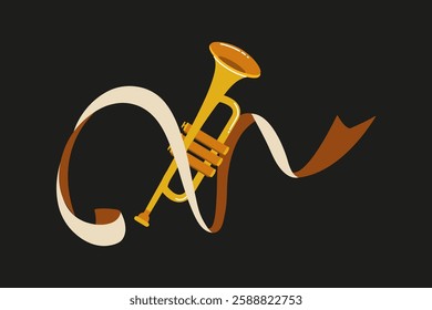 Vibrant trumpet design with flowing ribbons in a dynamic composition on a dark background