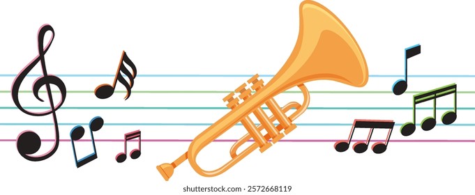 Vibrant trumpet with floating musical notes