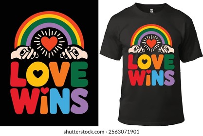 "Vibrant T-shirt design featuring 'Love Wins' text in bold rainbow colors, a heart centerpiece, hands, and a rainbow arch. Celebrating love, diversity, and unity in a striking and uplifting style."