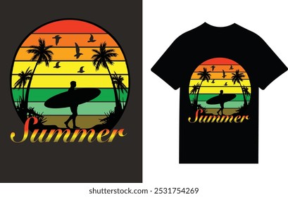 A vibrant t-shirt design featuring a surfer silhouette with a sunset gradient background, palm trees, and bold "Summer" t shirt design.