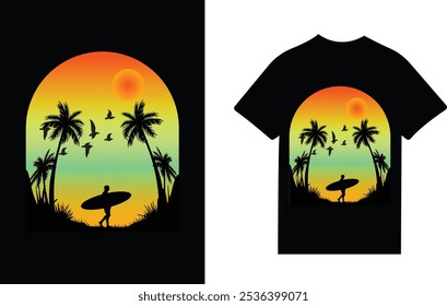 Vibrant t-shirt design featuring a tropical sunset, palm trees, birds, and a surfer silhouette. Perfect for beach and surf lovers.