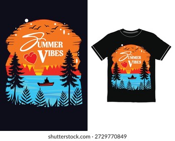 Una camiseta vibrante con una puesta de sol sobre un lago con un kayakista en un barco, rodeado de pinos y pájaros.