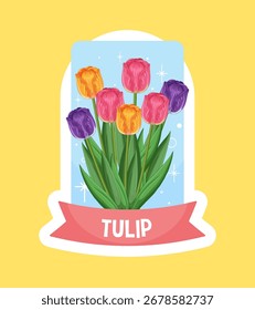 Lebendige Tulpen im stilisierten Vektordesign mit pastellfarbenem Hintergrund und dekorativem Rahmen