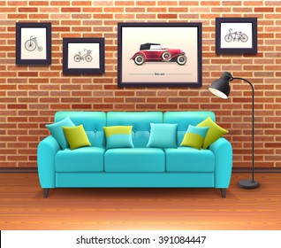 Vibrant turquoise sofa with decorative pillows brings color in sitting room brick walls interior realistic vector illustration