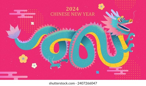 Vibrant twisted dragon on pink background with cute oriental style pattern.