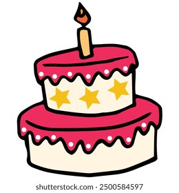A vibrant two-tier birthday cake illustration with pink icing, yellow stars, and a single lit candle on top. Perfect for celebrations and party-themed designs.