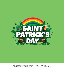 A vibrant typographic design for Saint Patrick's Day featuring clover motifs, lush grasses, shamrock ornaments, pots of gold, hats, beer glasses and festive greenery