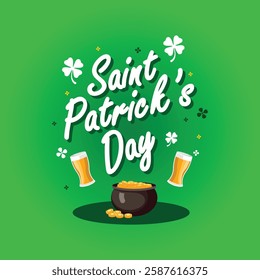 A vibrant typographic design for Saint Patrick's Day featuring clover motifs, shamrock ornaments, pots of gold, beer glasses and festive greenery