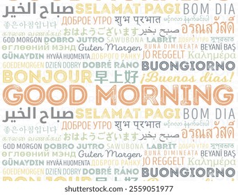 A vibrant typographic "Good Morning" artwork written in multiple languages, including English, Spanish, French, Portuguese, Italy, Arabic, Japanese, German, and more. 