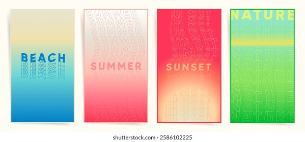 Vibrant typographic summer post template collection. Retro typography, abstract gradient backgrounds with bold text elements for modern design.