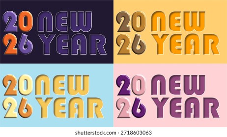 Vibrant Typografie zaubert 20 NEUES 26 JAHR in vier verschiedenen Farbschemata mit unterschiedlichen geprägten und geschnitzten Effekten