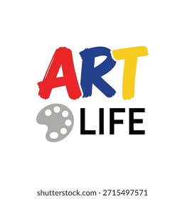 A vibrant typography t-shirt design featuring the words 'ART LIFE' with colorful, brush-stroke style letters and a paint palette icon, perfect for apparel design and print-on-demand services.