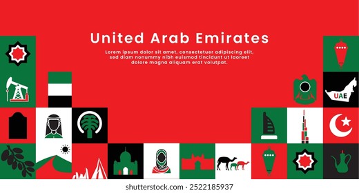 Vibrant UAE National Day Banner - Red Background with Iconic Emblems and National Pride Motifs