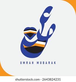 Vibrant Umrah Mubarak calligraphy. Blue and black script with stylized Kaaba black, gold, white stripes and subtle heart. Modern, elegant Islamic design. Artful Islamic blend, Religious and Islamic.