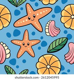 Vibrant Underwater Cartoon Pattern Featuring Smiling Starfish, Seashells, and Sea Anemones