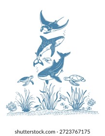 Uma composição subaquática vibrante que apresenta diversas criaturas marinhas e flora de corais em um layout vertical dinâmico.