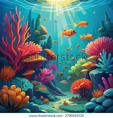 Vibrant underwater coral reef teeming with colorful fish