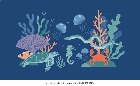 Vibrant underwater deep ocean scene featuring a wild sea turtle seahorse crab jellyfish and coral reef elements.
