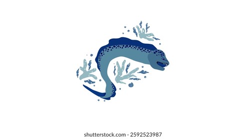 Vibrant Underwater Eel with Artistic Coral Illustration. Vector illustration of a blue fish. Giant Oarfish.