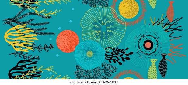 Vibrant Underwater Flora and Fauna Pattern Design