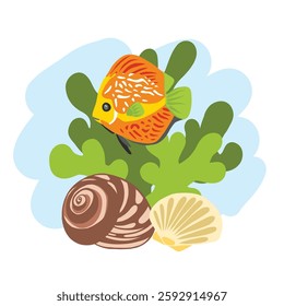 A vibrant underwater illustration featuring a discus fish swimming among seaweed and seashells. This stylized vector artwork captures the beauty of tropical freshwater species and aquatic life.