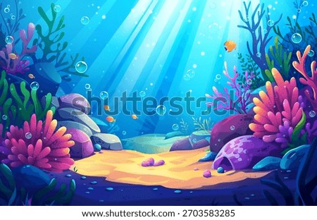 Vibrant underwater illustration featuring glowing coral reefs, sea plants, bubbles, and small tropical fish swimming in sunlit blue water. A bright ocean background perfect for marine-themed projects.