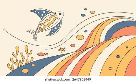 Vibrant underwater illustration with a stylized fish, coral, and abstract waves in a retro, groovy art style. Perfect for nautical and aquatic themes.