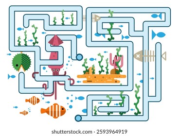 A vibrant underwater maze designed for children showcases various sea creatures like fish, squid, and a lobster, alongside seaweed and coral elements.