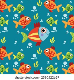 Vibrant Underwater Pattern with Colorful Cartoon Fish and Aquatic Plants