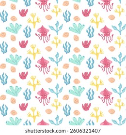 Vibrant underwater pattern with squid, coral, and seaweed elements in pastel colors.