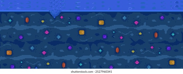 A vibrant underwater scene with colorful gems and marine life in shades of blue. Ideal for marine themes, treasure hunting, underwater exploration, ocean life, and adventurous journeys. Pixel art